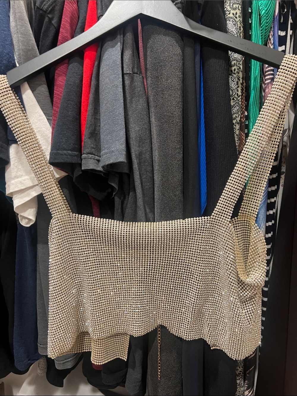 Rhinestone Mesh Cropped Tank Top - Silver